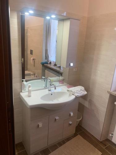 La salle de bains est pourvue d'un lavabo et d'un grand miroir. dans l'établissement Bouganville, à Viverone