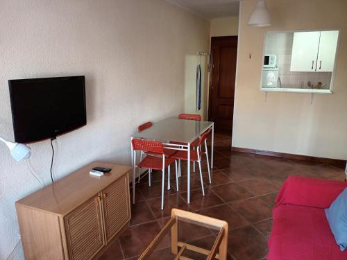 a living room with a table and chairs and a television at APARTAMENTOS VIALIA ESTACIÓN PLAYA in Málaga