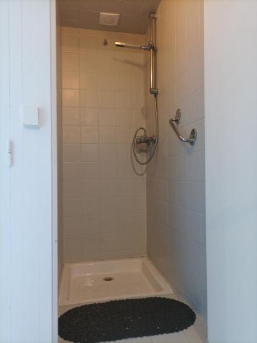 ein Bad mit einer Dusche und einem schwarzen Teppich in der Unterkunft Maisonnette en campagne "Le Rocher" in Vibraye