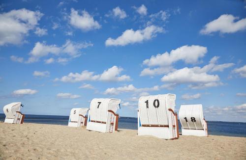 - une rangée de chaises longues sur la plage dans l'établissement Bades Huk Ferien-Resort, à Hohenkirchen