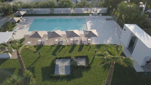 an overhead view of a swimming pool with chairs and palm trees at La Locanda dei Cavalieri Country House in Civitanova Marche