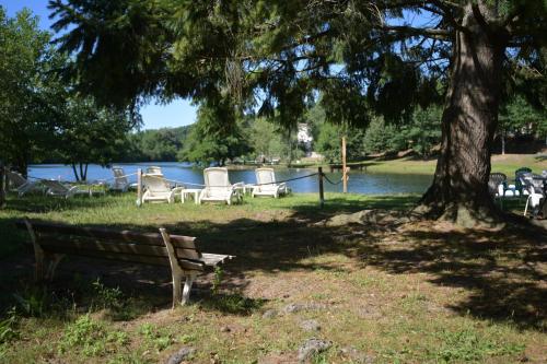 a park bench under a tree next to a lake at AUX 4 LOGIS Appart-hotel - Studio Le City - Petit déjeuner inclus 1ère nuit in Foix