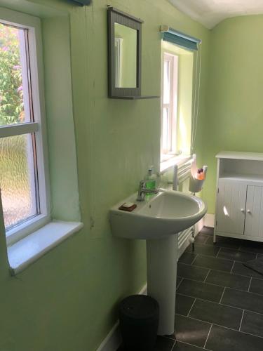 uma casa de banho com um lavatório, um espelho e uma janela em The Victorian House em Bridport