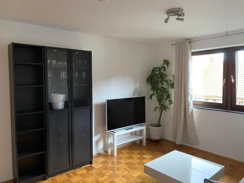 uma sala de estar com uma televisão e um armário preto em Ferienwohnung am Marktplatz em Weinheim