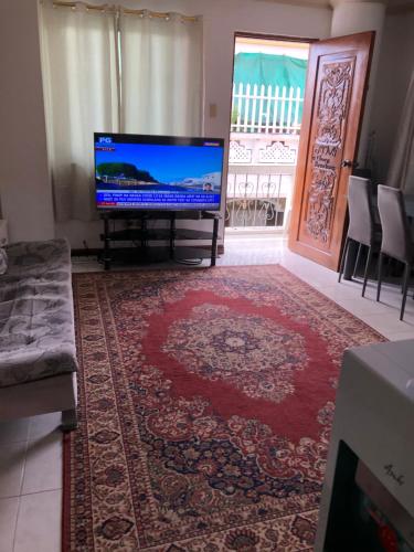 a living room with a flat screen tv and a rug at THE MANSION- Near NAIA Airport Terminal PASAY in Manila