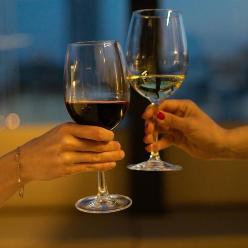 two people holding up glasses of wine at Hotel Plaza in A Coruña