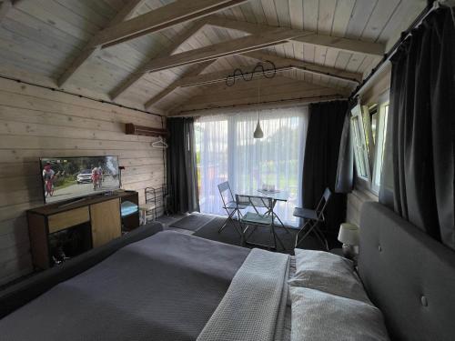 um quarto com uma cama, uma televisão e uma mesa em Szarejkowy GLAMP em Szarejki