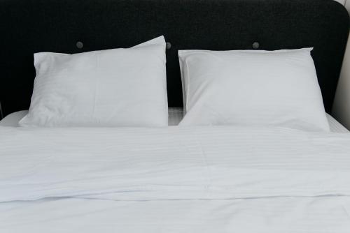 two white pillows sitting on top of a bed at Evo Residence Taietura Turcului in Cluj-Napoca