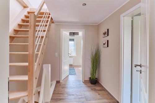 a hallway with stairs and a potted plant at Ferienhaus Lichtblick in Freital