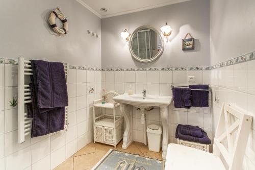 a bathroom with a sink and a mirror at Chambres et Table d'Hôtes Les Trois Marquets in Bourthes