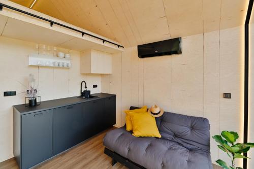 a living room with a couch and a kitchen at Unique Tiny House at Saaremaa Golf & Country Club in Kuressaare