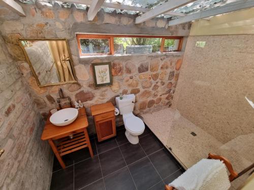a stone bathroom with a toilet and a sink at Schuilhoek Garden Terraces in Cape Town