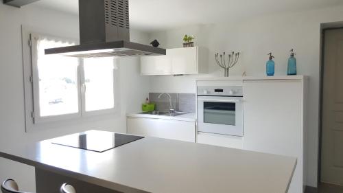 Le Mas Romantique avec Jacuzzi et Sauna privé في Sénas: مطبخ أبيض مع حوض وموقد