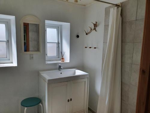 a white bathroom with a sink and a shower at Slotsgaardens hus in Jels