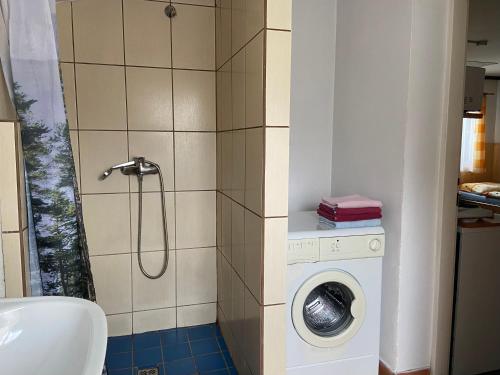 y baño con lavadora y ducha. en Apartmán u Marušky, en Chřibská