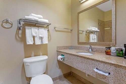 a bathroom with a toilet and a sink and a mirror at Best Western Texas City in Texas City