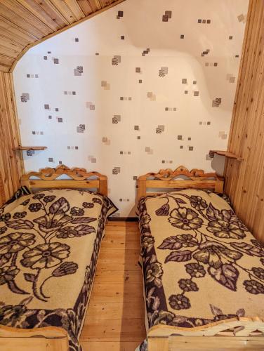 two beds in a room with a wall at Dalko in Borjomi
