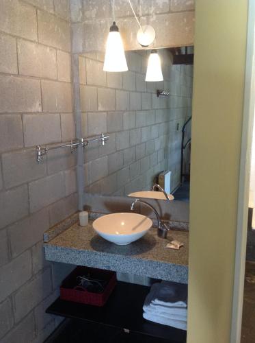 a bathroom with a sink and a mirror at Loft Hadas del Bosque in Mar de las Pampas