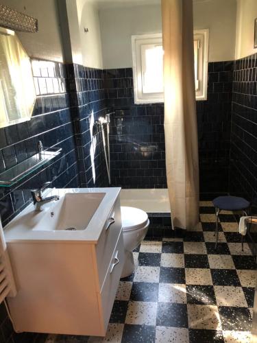 uma casa de banho com um lavatório, um WC e uma banheira em Grande maison de ville avec jardin T7 perpignan em Perpignan