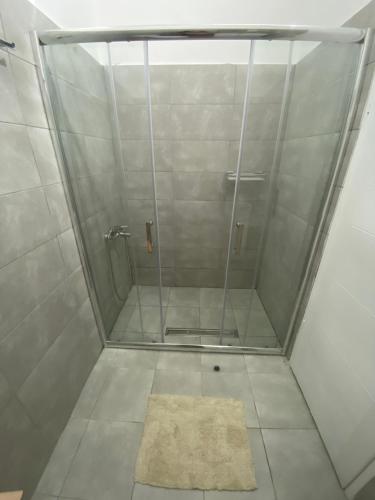 cabina de ducha con puerta de cristal y alfombra en Apartmani Home en Zaječar