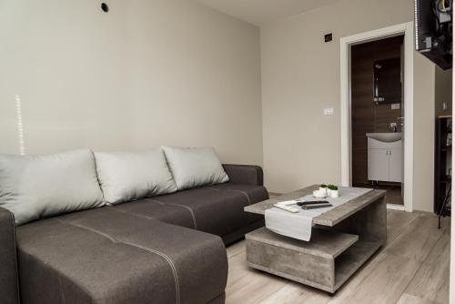 a living room with a couch and a coffee table at Royal apartments in Bajina Bašta