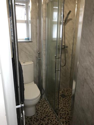 a bathroom with a toilet and a glass shower at Sweet Caroline at Longton. Great location for Stoke on Trent, The Potteries and Alton Towers. in Longton