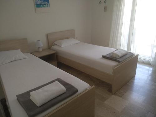 奧福里尼翁的住宿－Nikos house beach ofriniou，一间卧室设有两张床和窗户。