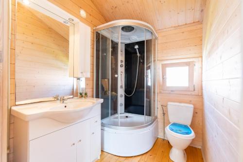 a bathroom with a shower and a toilet and a sink at Domki Marina Rowy in Rowy