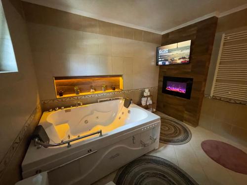 布雷佐維采的住宿－Sky Villa Brezovice，带浴缸的大型浴室和电视。