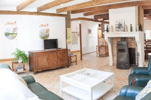 ein Wohnzimmer mit einem Sofa und einem TV in der Unterkunft Gîte de l'Etrier 3 * : Le calme à la campagne ! in Aubercy