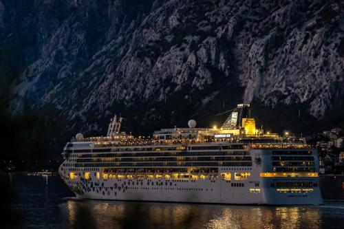 a cruise ship in the water at night at Apartmani Filip Kitić in Kotor
