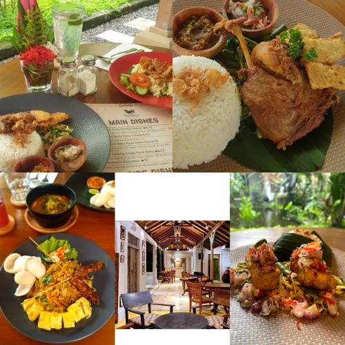 een collage van foto's van verschillende gerechten en maaltijden bij Bebek Cottages Sanur in Sanur