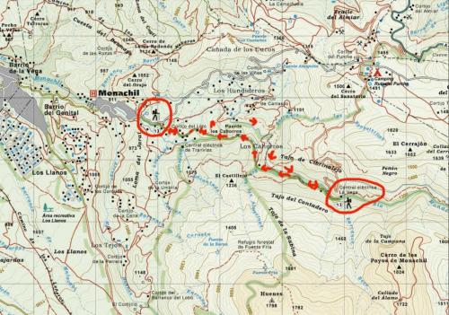 a map with red dots on it at Camping Ruta del Purche in Monachil