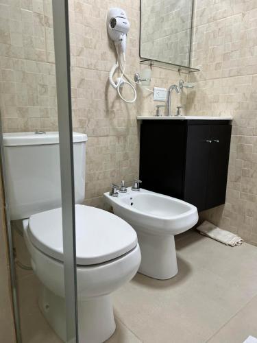 a bathroom with a toilet and a sink and a mirror at APART trelew 2 in Trelew