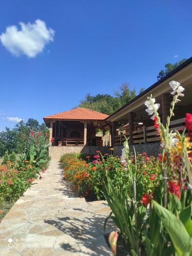 a garden with flowers in front of a house at Vila Vera Borsko Jezero in Bor
