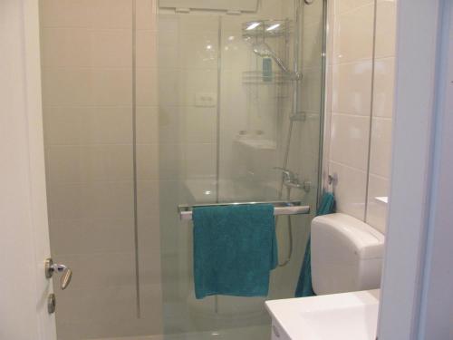 a bathroom with a shower with a blue towel at Apartment Opatija Lavanda in Opatija