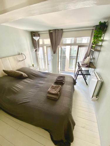 Cette chambre comprend un grand lit double. dans l'établissement Vieux-Lille : Appartement de charme, à Lille