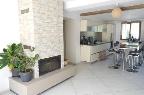 a living room with a fireplace and a kitchen at La ferme de Coron in Belley