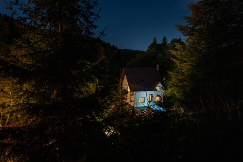 une maison au milieu d'une forêt la nuit dans l'établissement Villa Trésor Voronet, à Gura Humorului