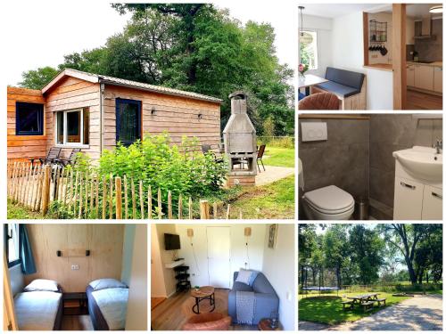 un collage de fotos de una cabaña y una casa en Erve iemhorst, en Losser