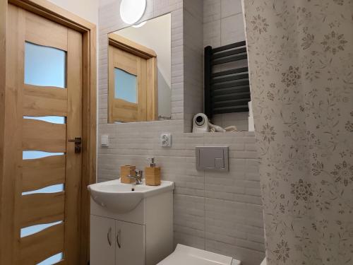 a bathroom with a sink and a toilet and a mirror at Zacisze Mazury in Kętrzyn