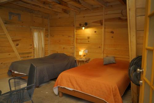 two beds in a room with wooden walls at Los Alamos Cabañas & Glamping Yecapixtla in Yecapixtla