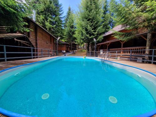 a large blue swimming pool in front of a house at Gostynniy Dvir in Forest Коттеджи in Migovo