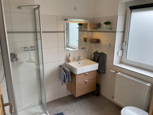 a bathroom with a sink and a shower at Ferienwohnung Salem-Beuren in Beuren