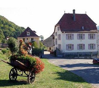 a wheelbarrow with flowers in front of a house at Villa Du Sendenbach in Muhlbach-sur-Munster