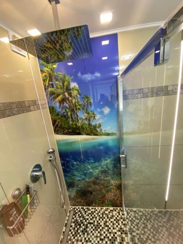 a bathroom with a shower with a painting of the ocean at Ratuszowa Noclegi in Szczawno-Zdrój