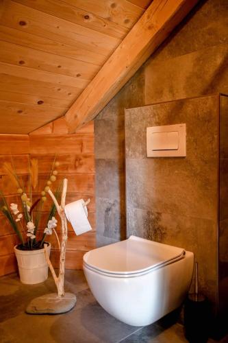 a bathroom with a white toilet and a wooden ceiling at Apartma Mlekuž in Bovec