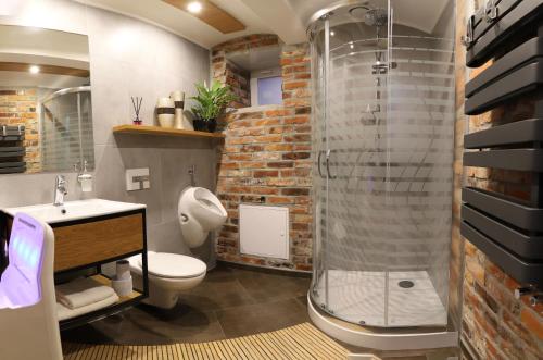 een badkamer met een douche, een toilet en een wastafel bij Pokoje Wieliczka in Wieliczka