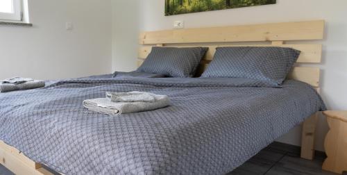 - une chambre avec 2 lits et une couette bleue dans l'établissement GreenRiver Apartment, à Spodnje Gorje