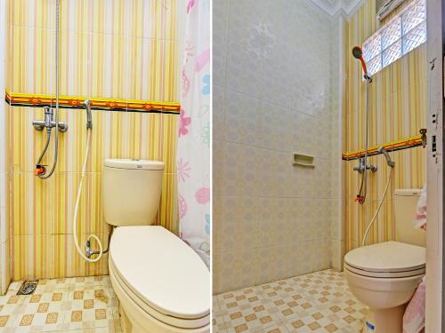 two pictures of a bathroom with a toilet and a shower at Collection O 91489 Hotel Tanjung Permata in Cilacap